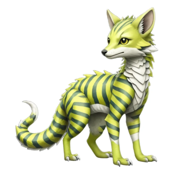  cool handsome gorgeous realistic zig-zag-patterned striking yellowish-pastel-lime-green-white-gradiented with dark undertones, white underside, thunderous stormy edgy badass realistic Vernid-Sergal-Genet-Trico-species by LiLaiRa, full body sticker