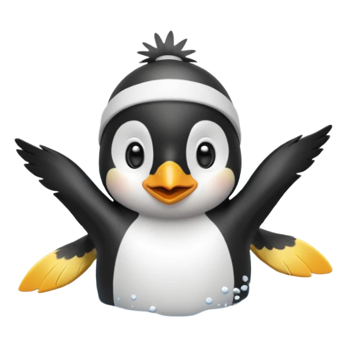 A cheerful penguin swimmer in swim cap, doing a playful backstroke with water rings popping around.
 sticker