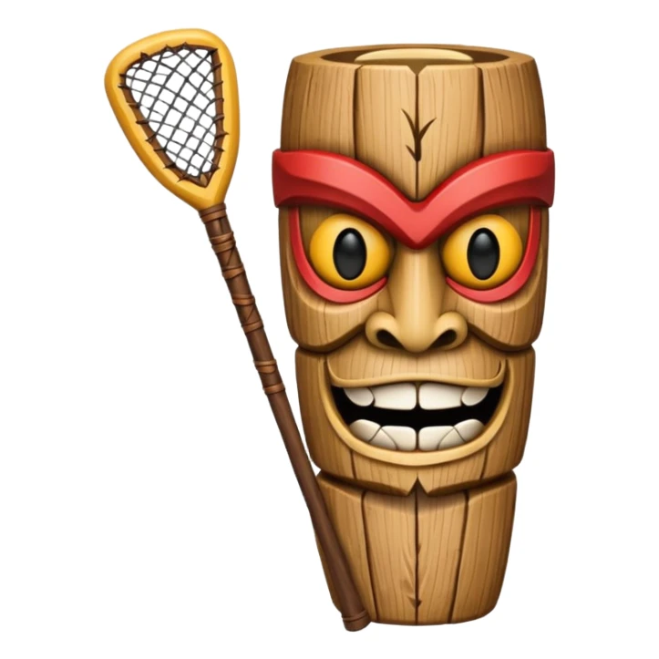 wooden tiki with lacrosse stick sticker