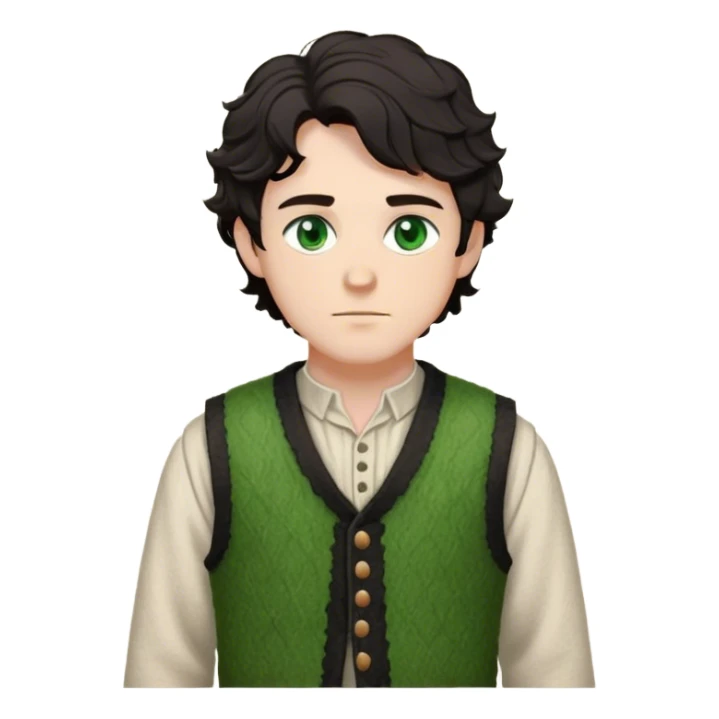 medieval outfit worn by a DnD themed fantasy character. basic rough-spun tunic with a thick wool vest. clothes only above the waist. The clothes full waist. The character's haven't arms. character is black hair green eyes short wavy hair white man. sticker