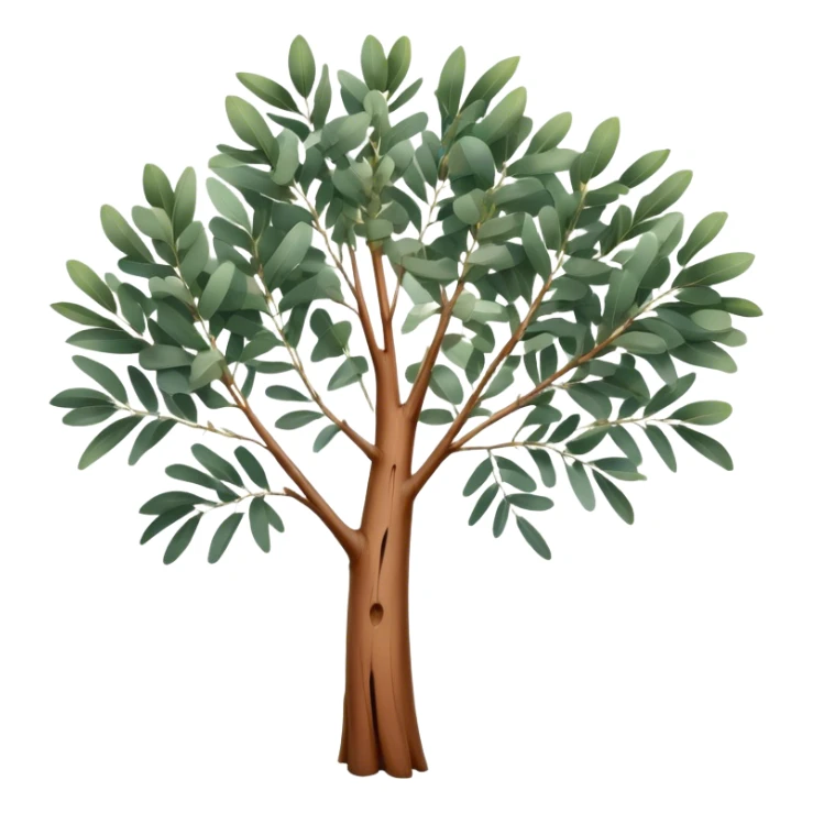 Cinematic Realistic Eucalyptus Emoji, Tall and graceful, with slender trunks covered in smooth, peeling bark and large, fragrant leaves. The eucalyptus trees sway gently in the breeze, releasing a calming aroma that fills the air. Soft glowing outline, capturing the essence of rugged beauty and natural serenity in a tall eucalyptus tree! sticker