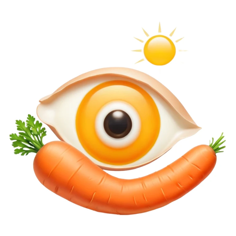 Carrot, chicken, and egg yolk surrounding a simple eye symbol and a small patch of glowing healthy skin. Gentle rays connect the foods to the eye and skin, showing vitamin A's role in vision and skin health. sticker