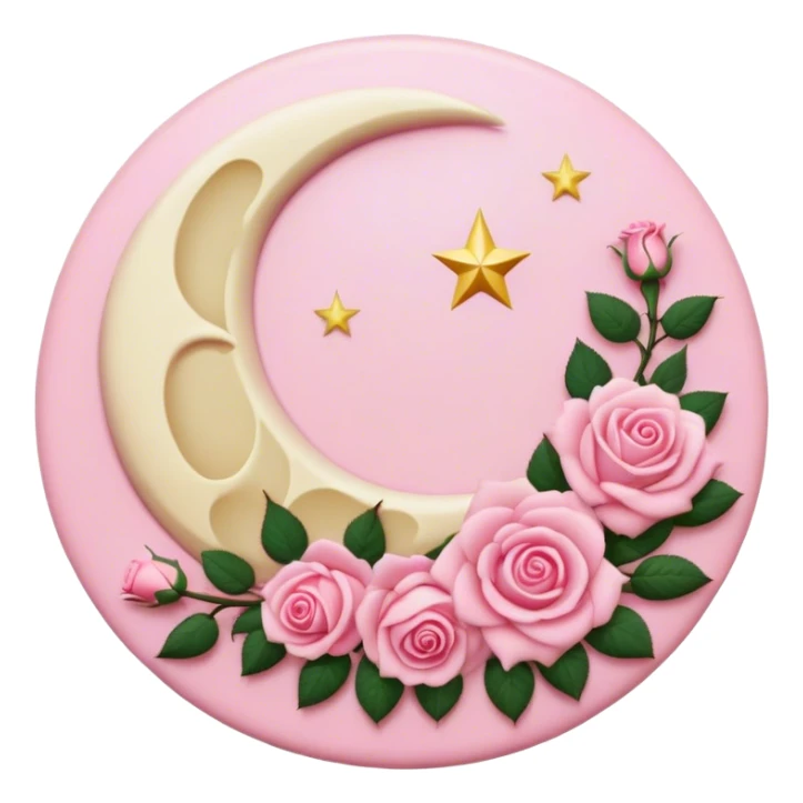 A round pink button with a cream colored crescent damask moon and pink roses in the center sticker