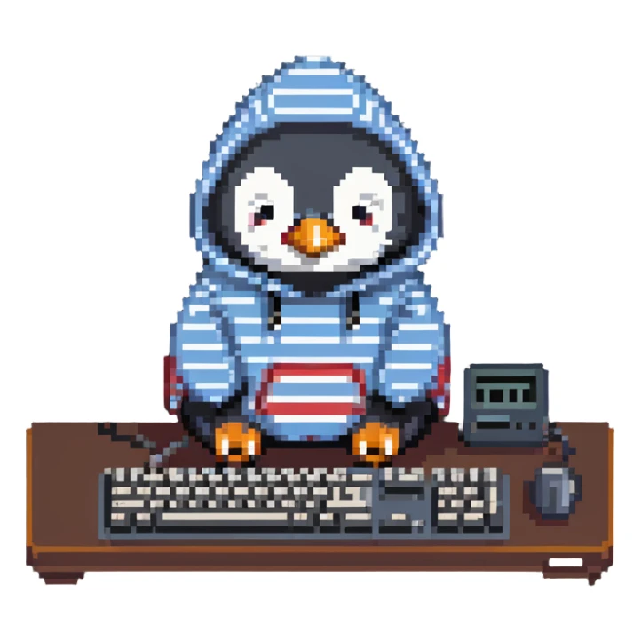 A retro-style penguin with a striped hoodie typing on an old-school computer keyboard sticker