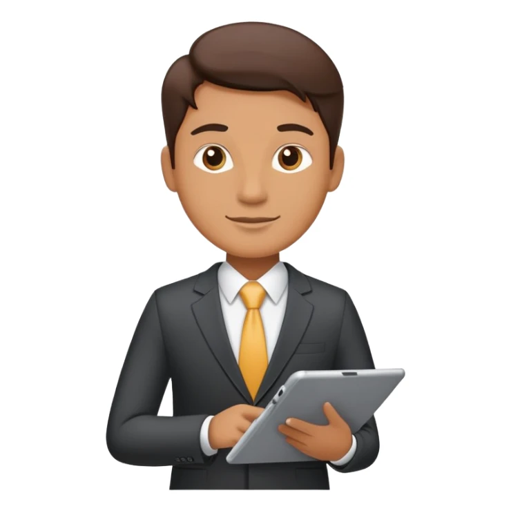 A flat-style illustration of a business executive confidently, holding a digital tablet or folder. The character wears smart business attire sticker