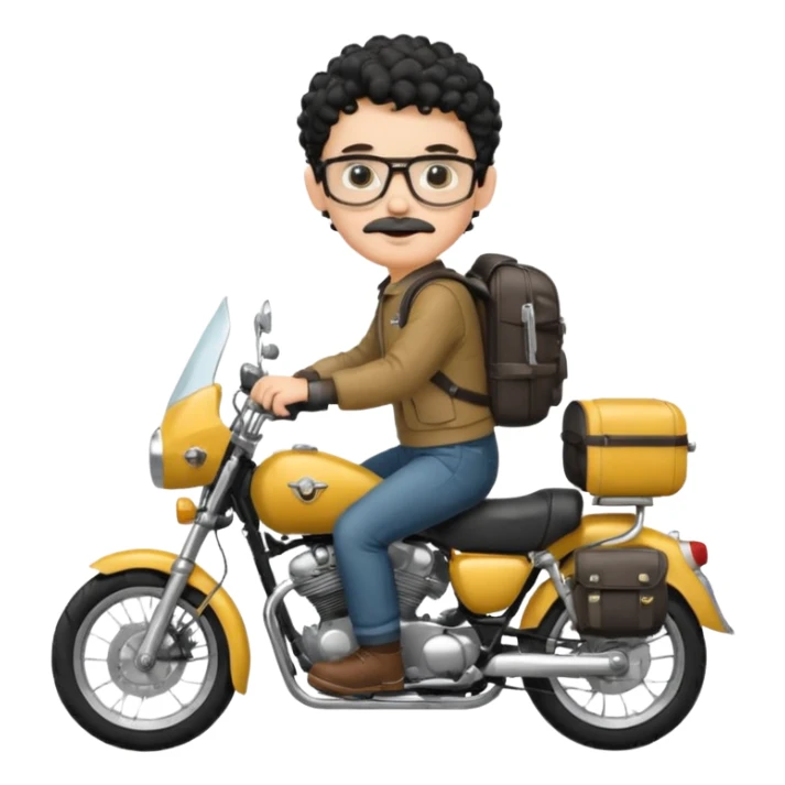 A young boy DEVELOPER WITH A backpack, black curly short hair, wearing glasses, a thin mustache, his skin is white, riding a motorcycle sticker