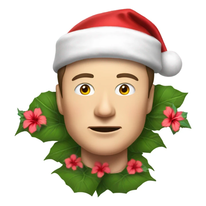 Elon Musk wearing a hibiscus flower with a Santa hat sticker