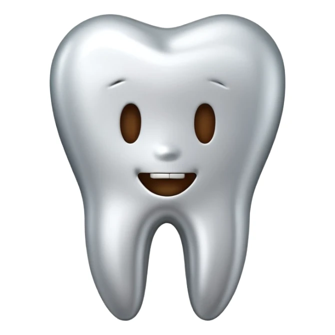 human tooth emoji, smooth chrome ceramic-metal texture, clean medical luxury aesthetic, isolated on white sticker