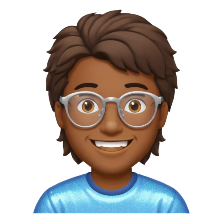 Brown guy with glasses with a whiffed front and puffed mullet, smiling with his teeth together and a sparkle from his teeth sticker