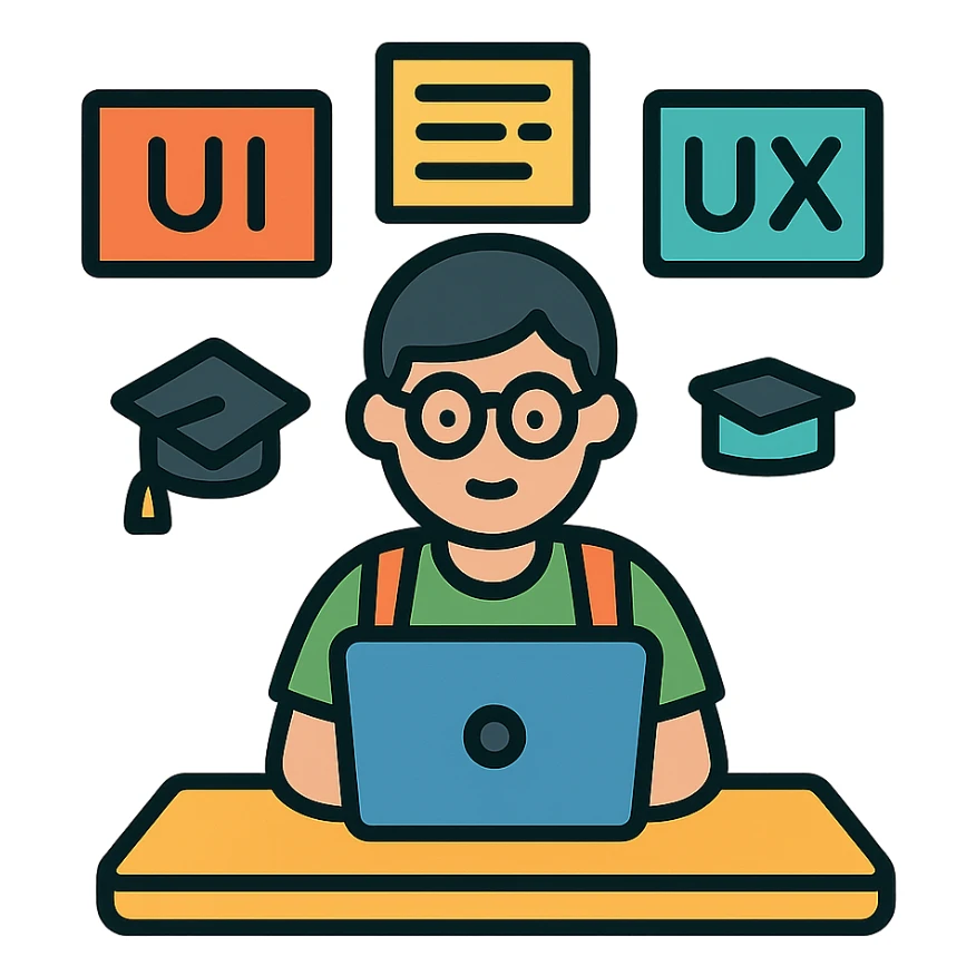 college student at a desk, laptop open, surrounded by UI/UX notes sticker