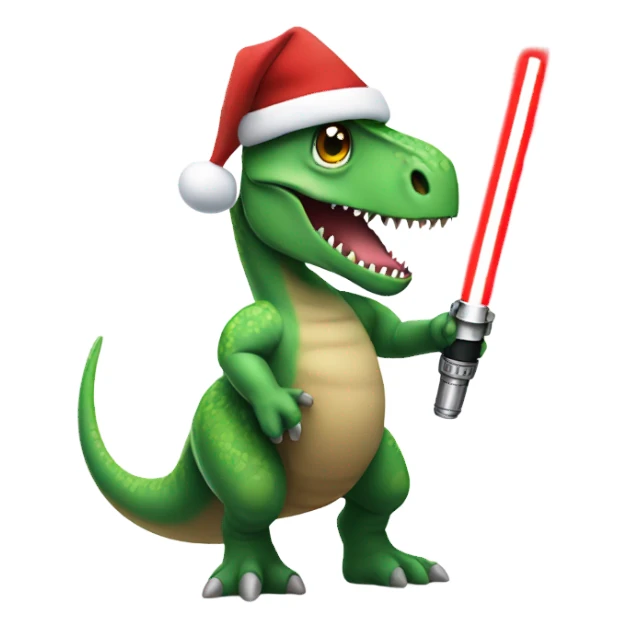 dinosaur holding a lightsaber wearing a santa hat sticker