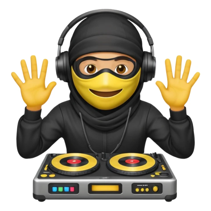 Make a customized yellow head emoji with hands and holding a dj turn table  in a  ninja face mask sticker
