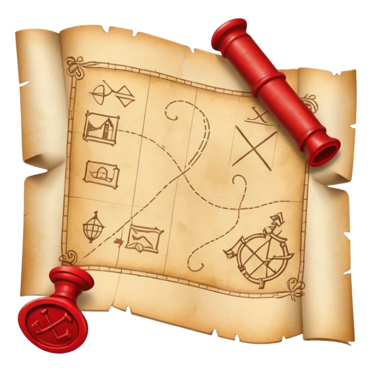 A rolled up treasure map with red wax seal, partially unfolded showing an X sticker