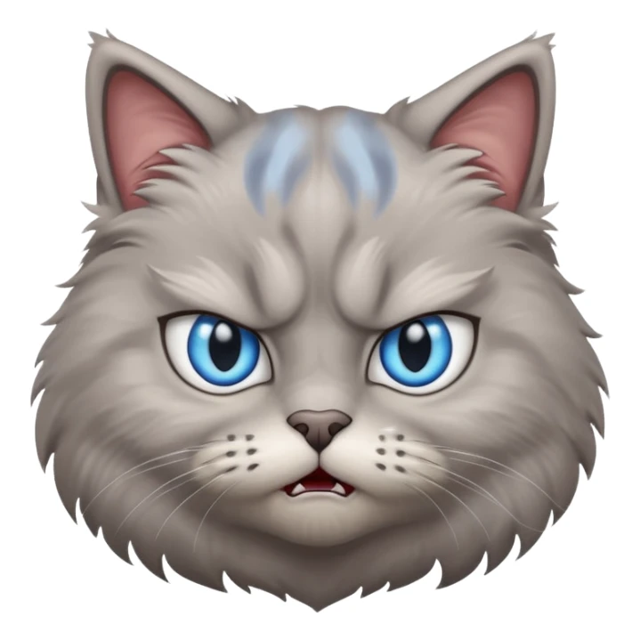angry grey cat blue small slanted eyes. iphone real emoji style, made the cat look challenging sticker