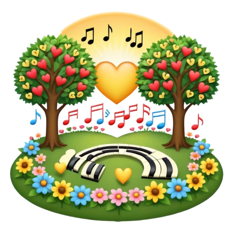 peaceful garden at sunrise, surrounded by music notes, sun, heart, trees, and butterflies — symbolizing unity, faith, and hope sticker