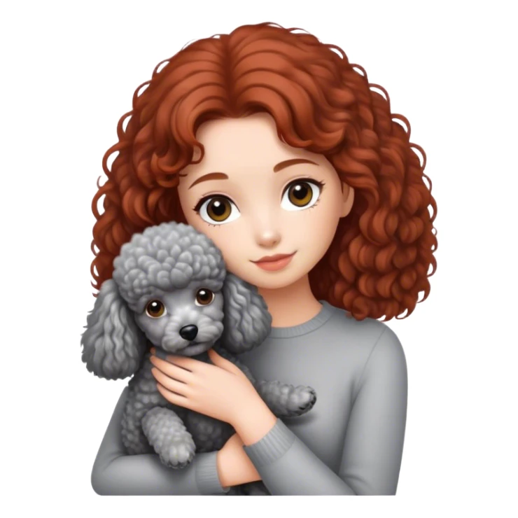 A girl with auburn hair holding a grey poodle sticker