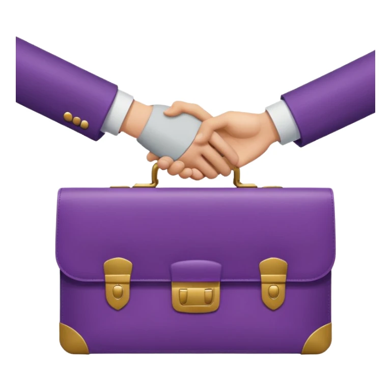 Minimal two-tone purple icon: two hands exchanging a briefcase. Geometric, transparent background. sticker