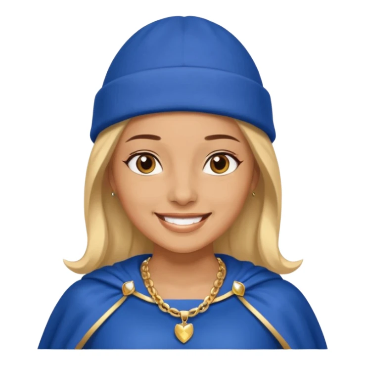 Female hero in blue beanie, cape flowing, smiling proudly.


































 sticker