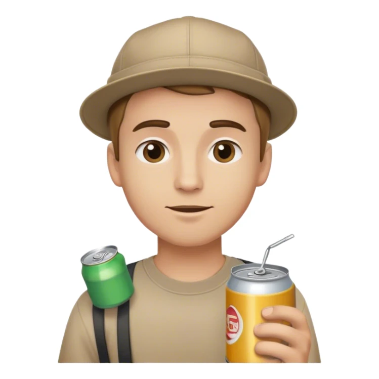 white guy with short light brown hair and eyebrows with backwards hat holding a can sticker