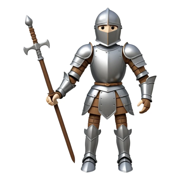 3D render of Knight Puppet as a wooden marionette puppet, Painted silver wood armor, strings, silver metal screw joints at elbows and knees, polished brown wood texture, rigid toy pose, emoji style, isolated on white background --v 6.0. sticker
