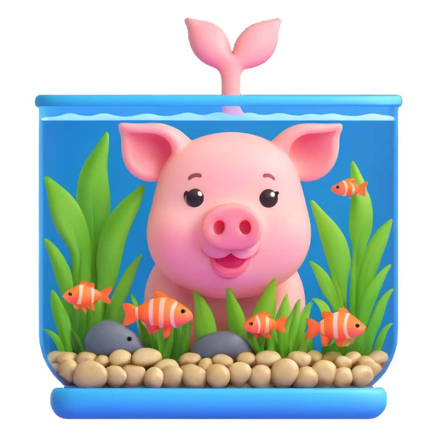 little pig peeking into a fish tank with aquatic plants and small fish, overall cute style sticker