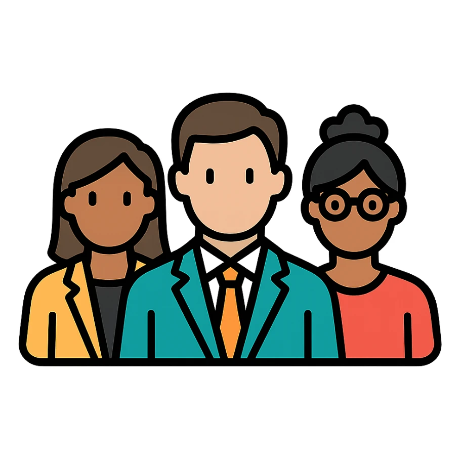 agency team, professional group, modern office, diverse people, clean background, color outline icon style sticker