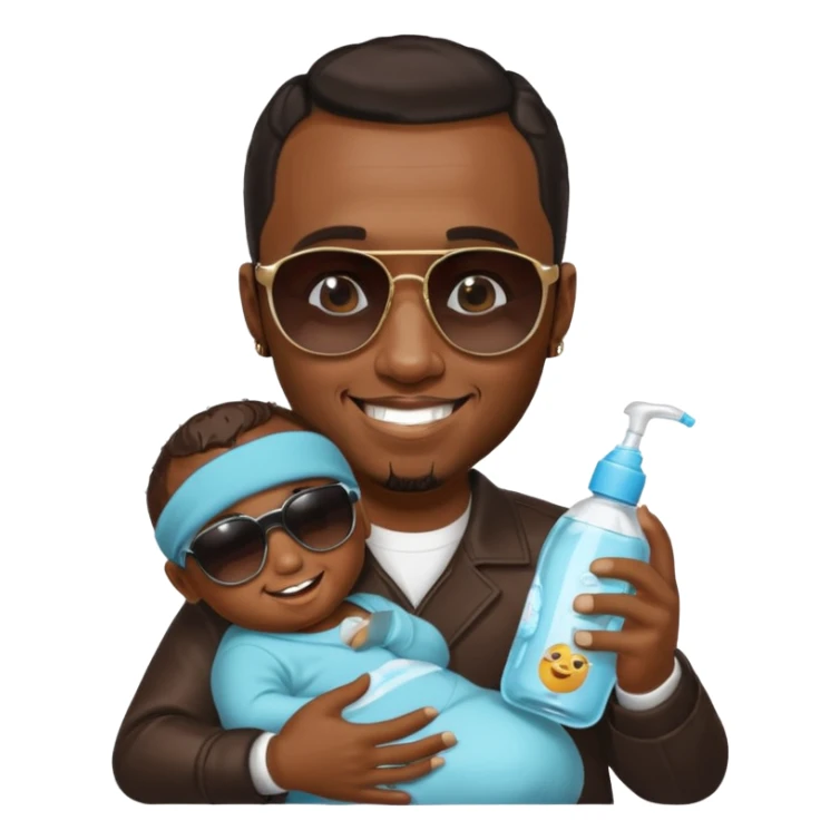 P Diddy with sunglasses, smiling, holding baby oil sticker