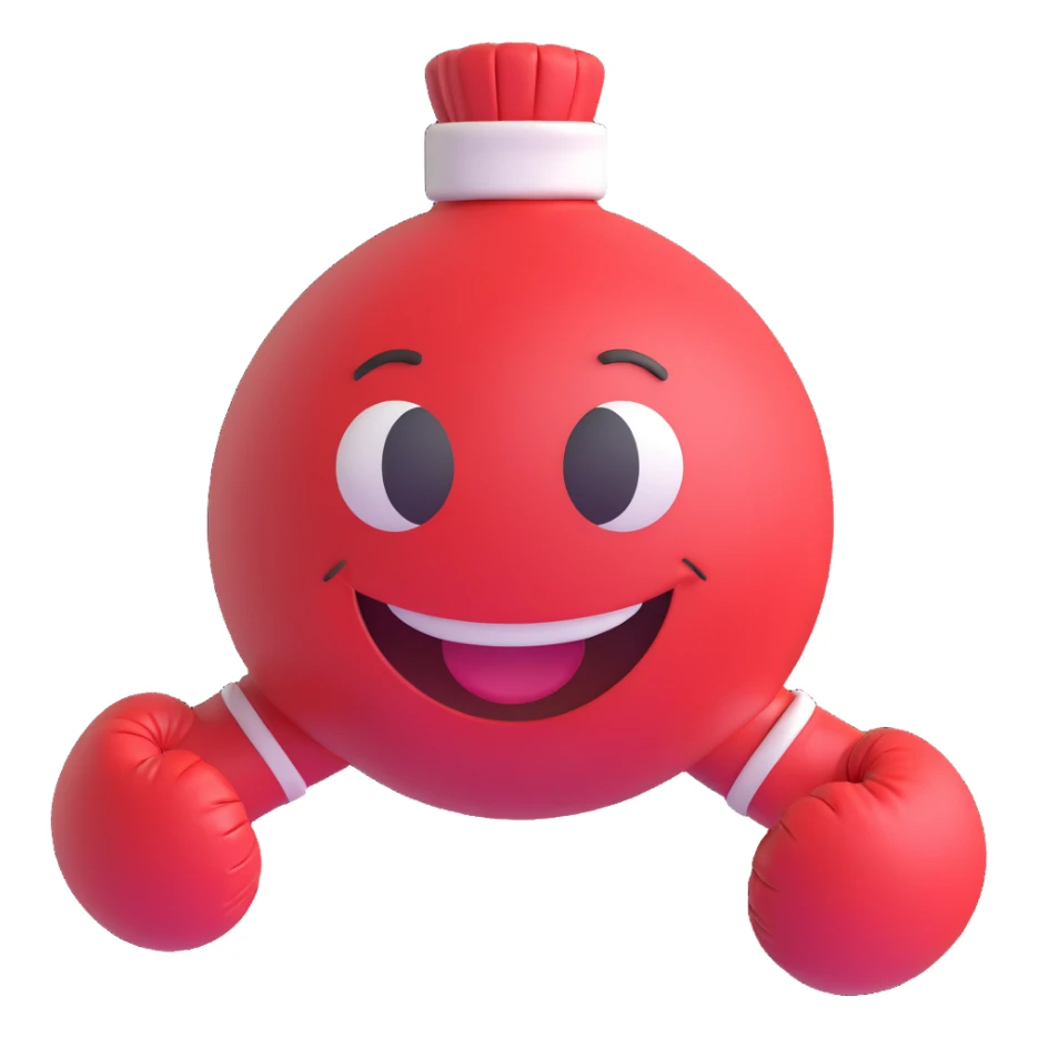 3D smiley emoji, round shape, wearing boxing gloves, sporty face sticker