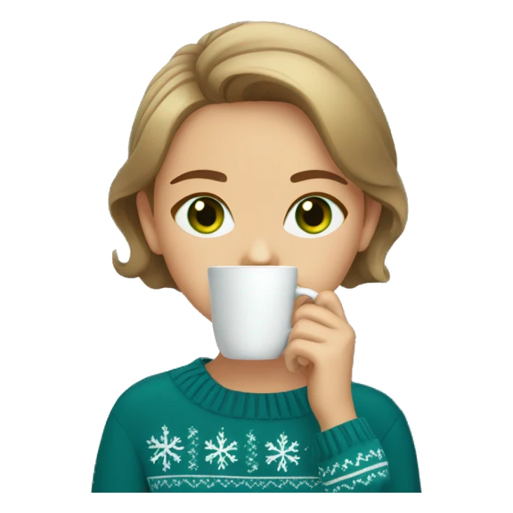 Light brown short haired girl with green eyes drinking coffee wearing blue Christmas sweater sticker
