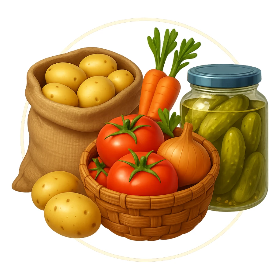 Внутри ровного круга с белой обводной мешок с картошкой, корзина с помидорами, морковью и луком и банка соленый огурьцов, объемный рисованный стиль, немного мультяшности, прозрачный фон sticker