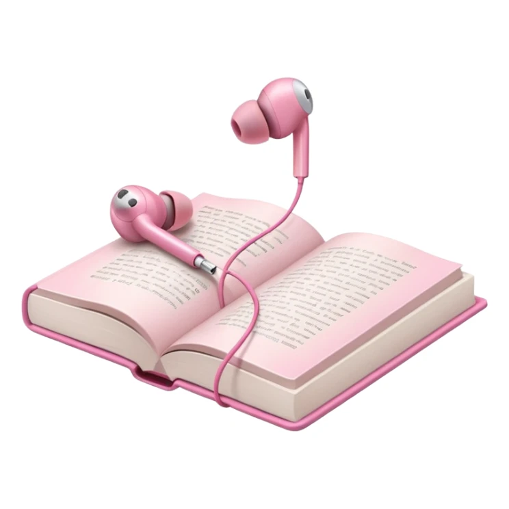  pink Pink Apple-style earbuds lying on an open book, soft pastel tones, cozy and minimal aesthetic, realistic lighting and shadows, top-down view, transparent background" sticker