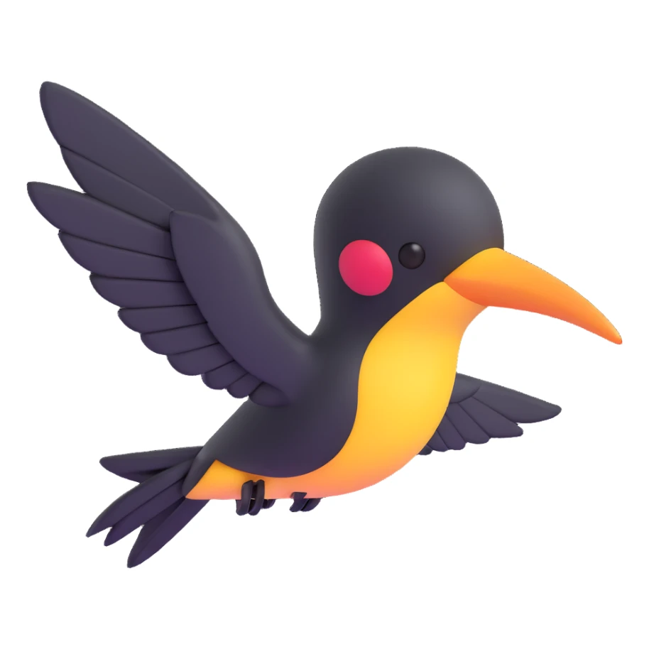 black hummingbird, elegant, minimal, 3D emoji style, soft lighting sticker
