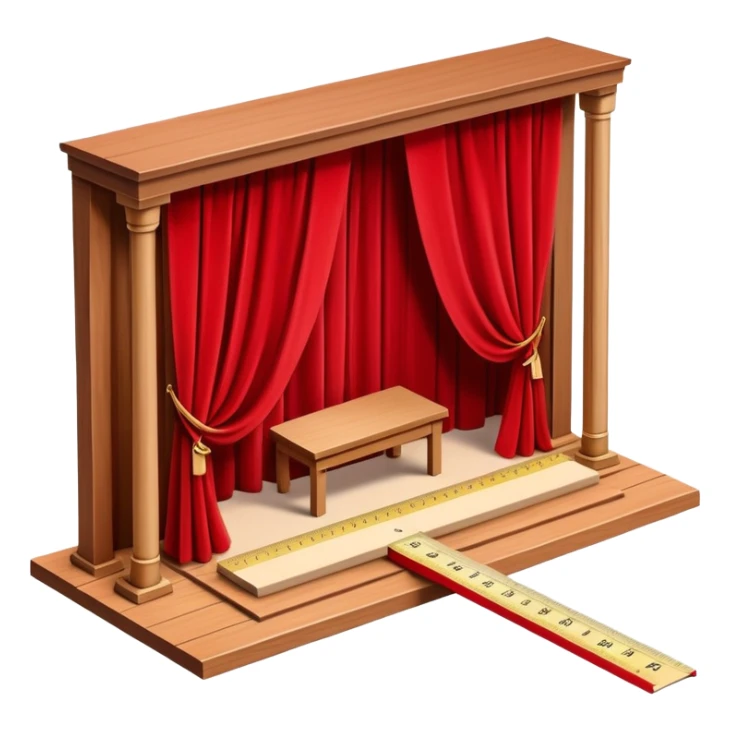 Miniature wooden stage set with a curtain, ruler, measuring tape, and small interior structure pieces floating around it in an organized, creative layout sticker