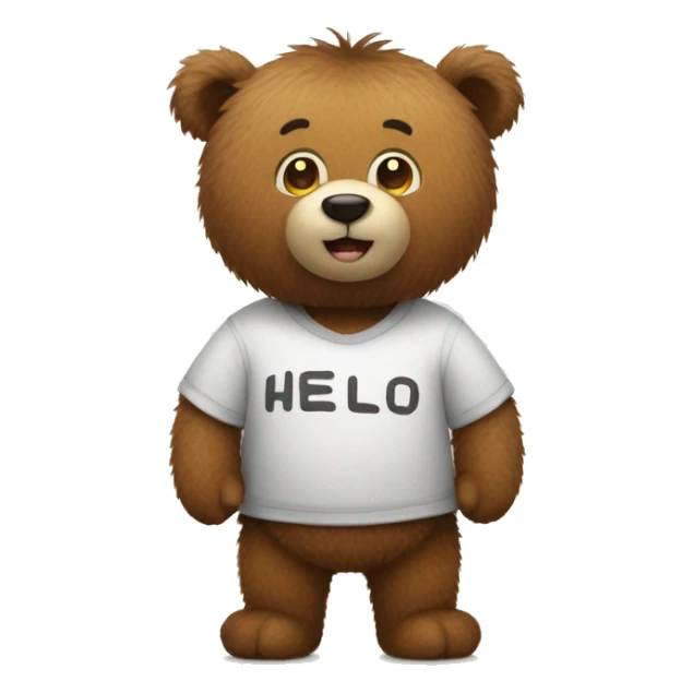 Our fuzzy bear wearing a shirt saying “hello everyone” sticker