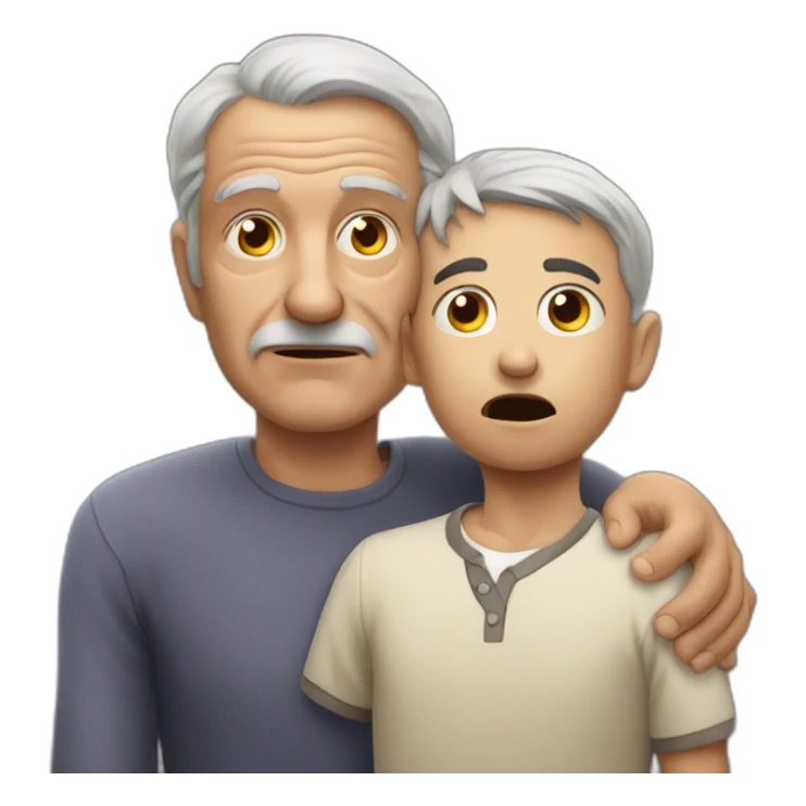 older man with hand on shoulder of scared child sticker