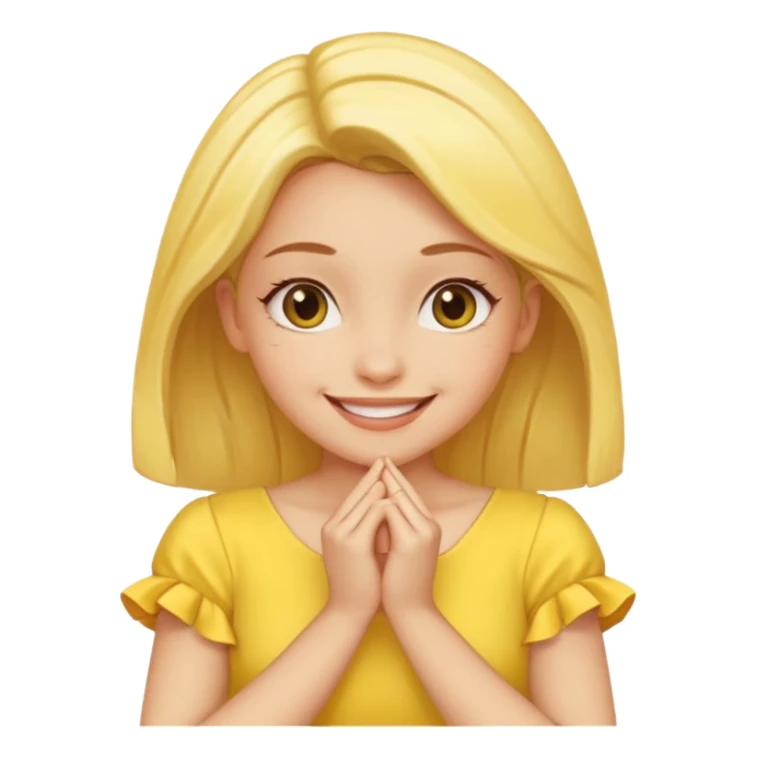 yellow smiling face girl with both hands under chin fingers touching sticker