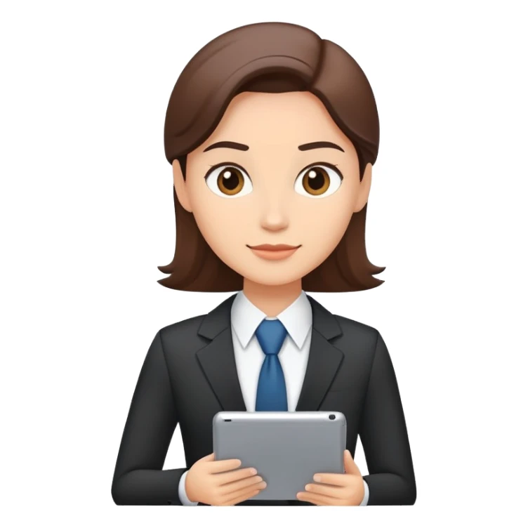 A flat-style illustration of a business executive confidently, holding a digital tablet or folder. The character wears smart business attire, clean cartoon style, white background, iOS emoji aesthetic. sticker