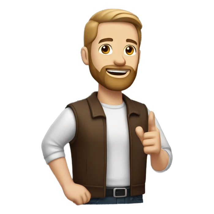 White man with beard, without mustache, hair color brown, hairstyle - straight hair combed to the right, black and red background, half-side body pose, finger up gesture sticker