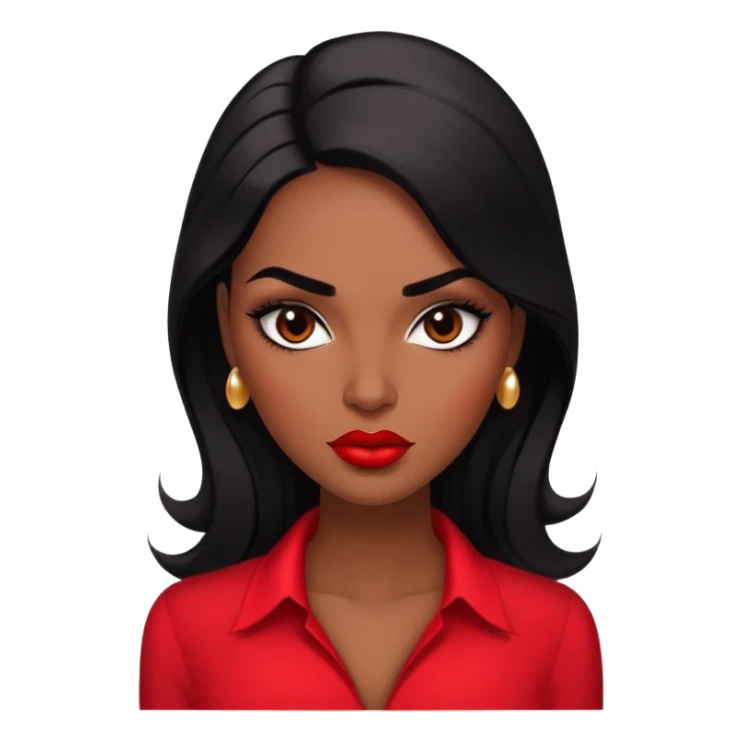 Glamorous woman with deep brown skin, defined features, expressive dark eyes, thick eyebrows, full lips with red lipstick, sleek black hair, wearing a red blouse sticker