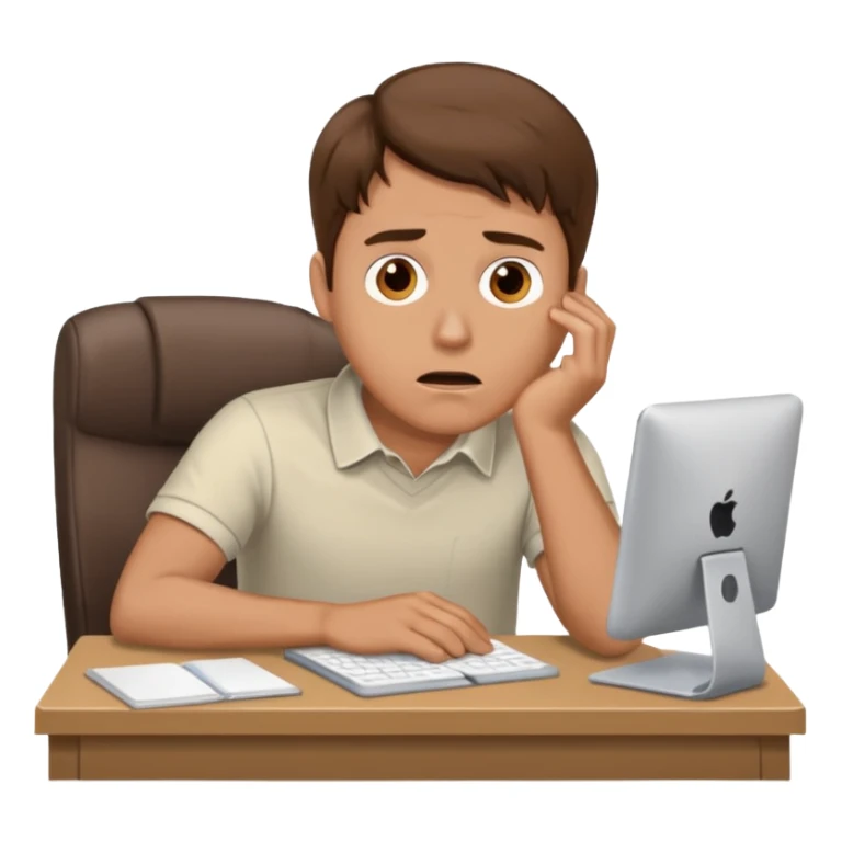 A white man with brown hairs  sits at his desk in shock sticker