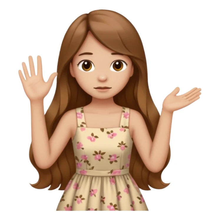 fake costumer loyalty, girl that doesn't care, she is like whatever, brown long hair, cute dres and her hand showing like i dont care whateve sticker