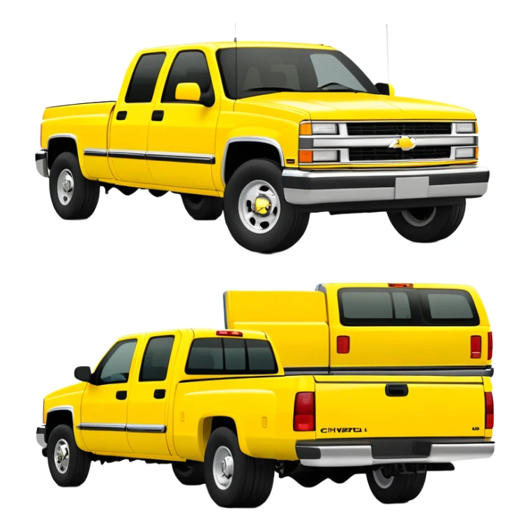 Minimalist bright yellow 1997 Chevrolet C-2500 Crew Cab Silverado truck, three-quarter view at 30 degrees, simplified design, same yellow color as in Kill Bill movie, iOS emoji style sticker