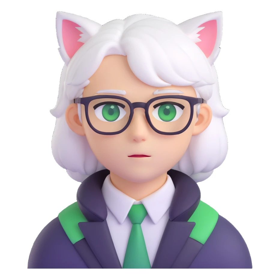 An anime guy with white hair, white cat ears, green eyes, and glasses, only head sticker