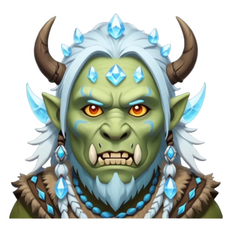 Fantasy Christmas orc shaman icon, ice spirit magic theme, glowing runes, winter tribal mask elements, mystical cold atmosphere, emoji sized portrait, male/female variant sticker