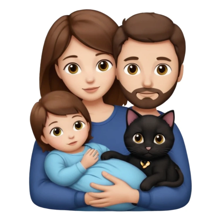 1 mom brown hair, 1 dad, 1 baby and 1 black cat sticker