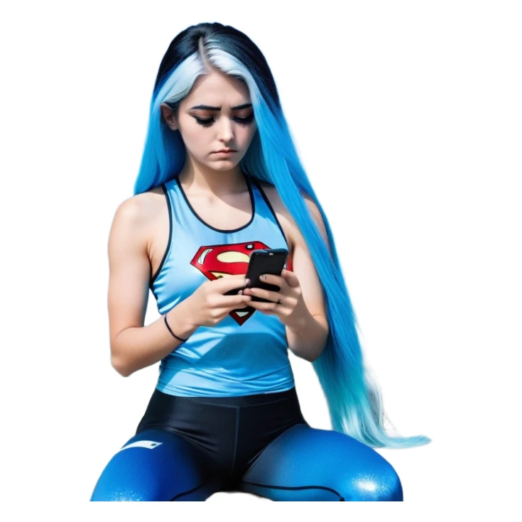 Shameful disappointed crying-very very very very big chest-texting on a samsung cell phone-very long straight flowing black to sky blue hair ombre-blue eyes-black eyeliner-long eyelashes-plastic sparkling sky blue very low cut tank top with sparkling superman logo-black leggings-nike sneakers sticker