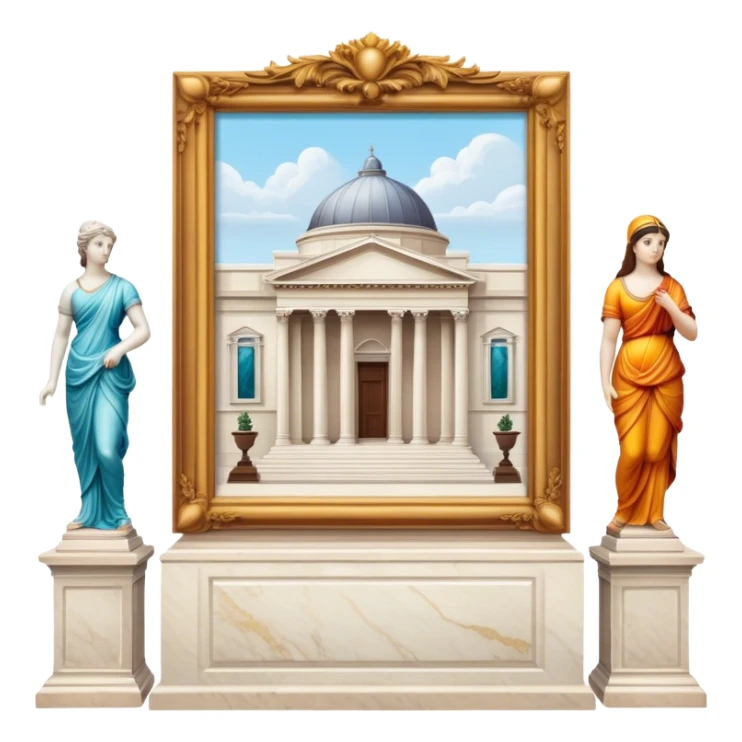 An icon featuring an elegant art gallery with classic paintings hanging on the walls, and sculptures displayed on pedestals. Visitors admire the exhibits, capturing the essence of culture, history, and art. Set against a transparent background. sticker