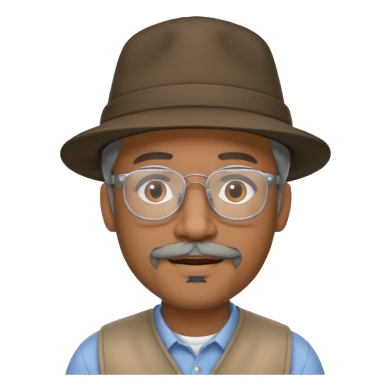 Brown man slightly smiling showing with hat, clear glasses and a gray goatee sticker