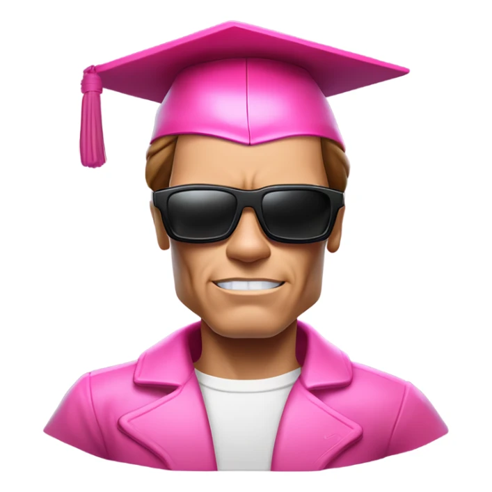Schwarzenegger-like Terminator, upper body only, wearing his iconic clothes in pink, with a pink graduation hat (it's must have), looking more human with minimal robotic details, and wearing dark sunglasses. sticker