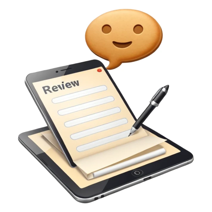 3D icon symbolizing writing a review and sharing opinions, food app context, single object, modern and clean style, soft lighting, isolated, no background sticker